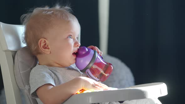 Cute Kid with Baby Straw Feeding Cup Sitting in Booster Seat One Year Old Toddler Watching Tv