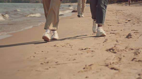 Multiethnic Friends Walking along Sandy Beach