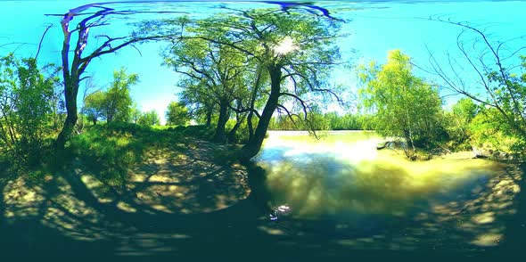 UHD  360 VR Virtual Reality of a River Flows Over Rocks in Beautiful Mountain Forest Landscape