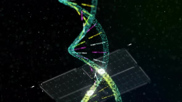 Multicolored DNA Strand is being analyzed by the Medical Research Software alt