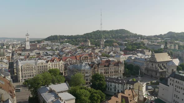 Aerial Drone Video of European City Lviv, Ukraine, Rynok Square, Central Town Hall, Dominican Church