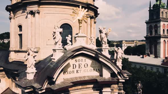 Aerial drone view of a flying over the Catholic Cathedral.