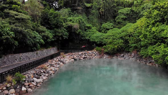 Aerial Moving through the steam of the hot springs taipei