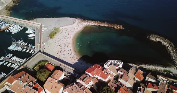 Aerial Footage of Antibes, France, Cote D Azur. Beautiful Sunny Day in Mediterranean Sea. Old Castle