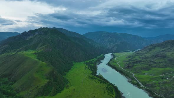 Landscape of mountains and river in summer. Aerial view