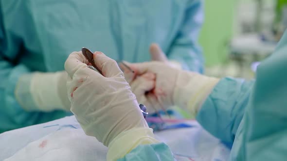 Close Up. Hand Surgeon Performs Aesthetic Surgery. the Tweezers Take Out a Swab Filled with Blood