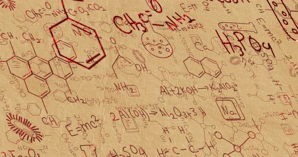 Red structural formulae of chemical compounds on paper alt