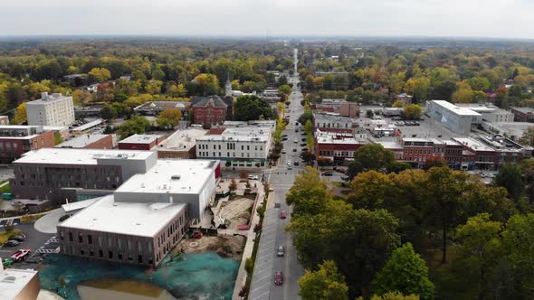 Oberlin Ohio downtown, aerial drone footage