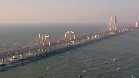 Mumbai, India, Worli sea link bridge, 4k aerial drone city skyline view