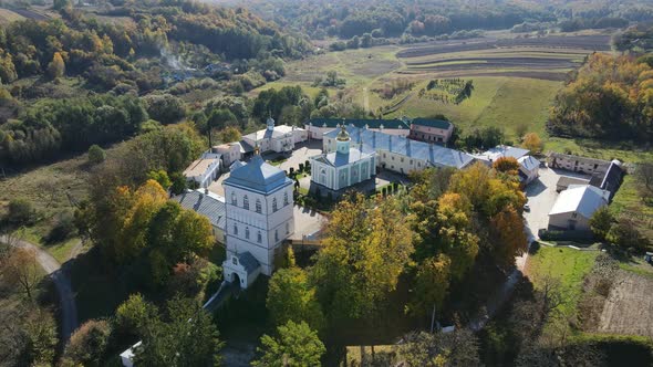 Aerial Shot Village Derman. Holy Trinity Convent. Ukraine