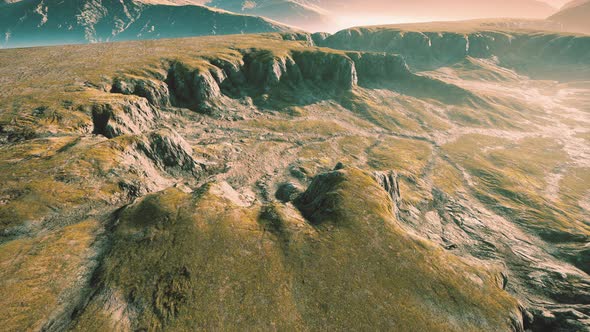 Grasslands Wide Panorama with Autumn Grass Field and Mountains