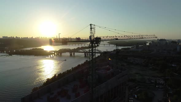 Aerial View of the Construction of a New Modern Residential Complex Near the River Kyiv Ukraine