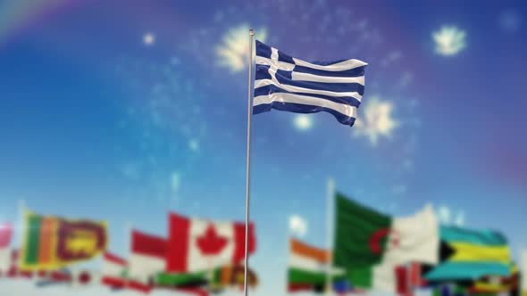 Greece Flag With World Globe Flags And Fireworks