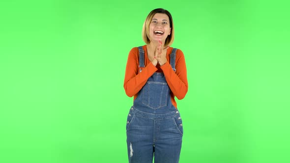 Very Surprised Girl with Shocked Wow Face Expression. Green Screen