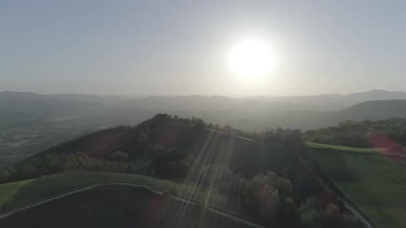 Aerial view on Marche hills at sunrise, Marche, Italy