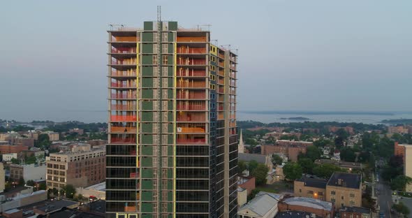 New Rochelle High Rise Building Under Construction Aerial Pan Around