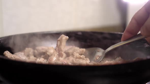 Woman's hand spoons meat in frying pan. Close-up.