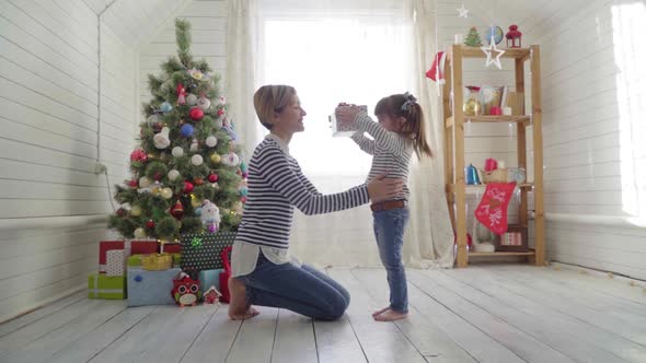 Mom Daughter Celebrating Christmas Clear Sunny Morning