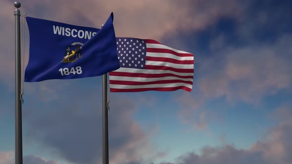 Wisconsin State Flag Waving Along With The National Flag Of The USA - 4K