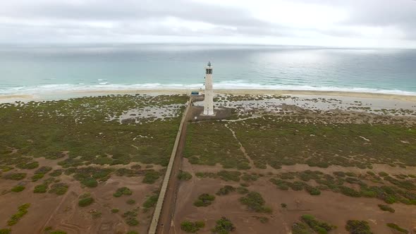 Aerial view of Morro Jable Lighthouse with cloudy weather.