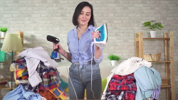 Young Woman Chooses Iron Ironing Mountain Clothes Instead Steamer Clothes