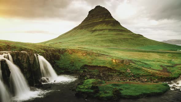 Waterfall Cascades And Mountain At Sunset Light In Western Region Iceland