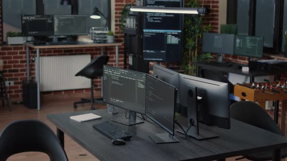 Computer Screens Running Programming Code in Empty Software It Agency Office and Computers Parsing