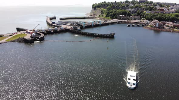 Aerial View Of Cardiff Bay Barrage  With Boat Leaving
