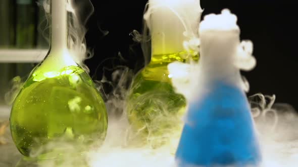 Colorful Biological Liquids Boiling and Smoking, Underground Lab, Chemistry