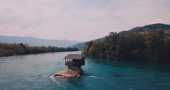 A House On A Rock On The Drina River In Serbia