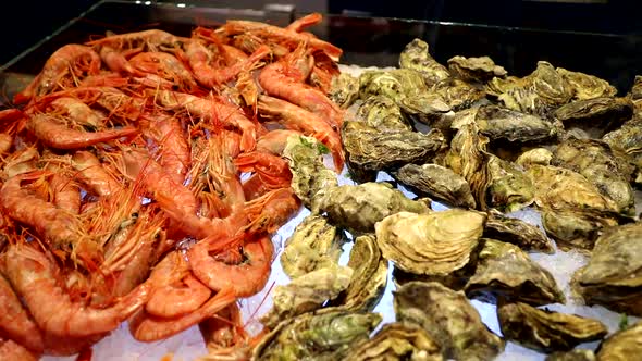 Chilled shrimp and oysters on ice