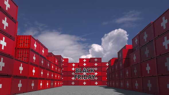 Containers with BLACK FRIDAY Text and Flags of Switzerland