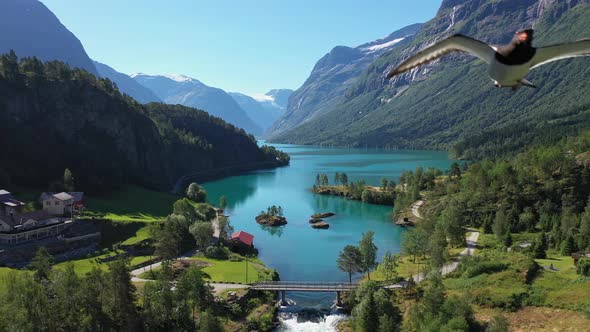 Turquoise Loen lake in majestic Norwegian mountain landscape - Crispy clear water straight from surr