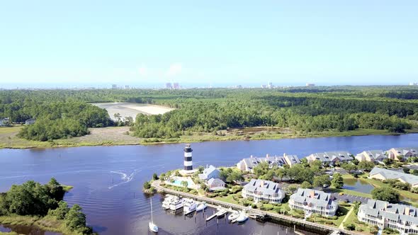 Aerial view of marina with lighthouse in South Carolina.