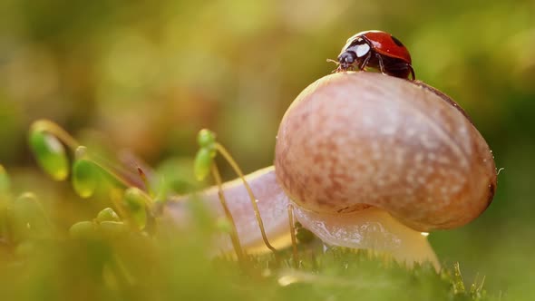 Close-up Wildlife of a Snail and Ladybug in the Sunset Sunlight