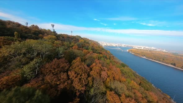 FPV Flight Over the Public Park on the Embankment of Kiev in the Autumn