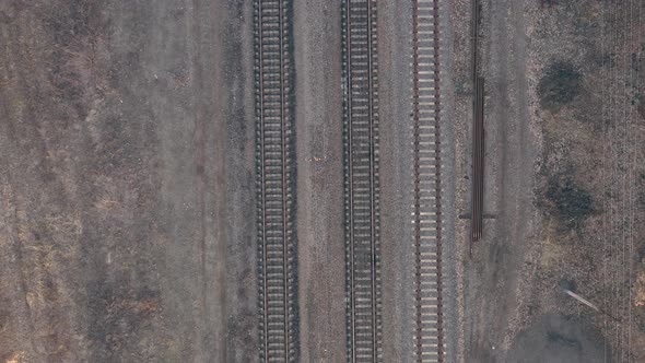 Drone Flying Over Railway Tracks Top View  Railroad Vertical Aerial View