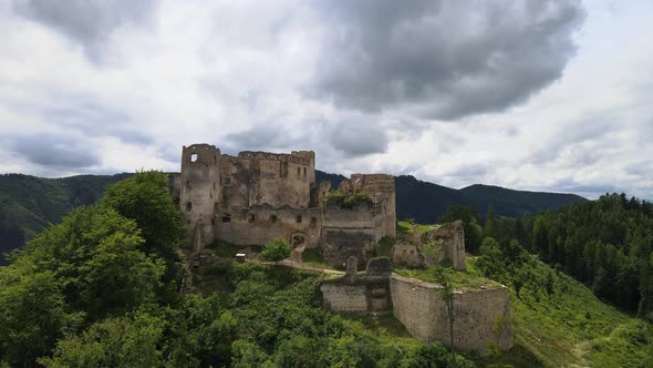 Aerial view of the castle in the village of Lietava in Slovakia