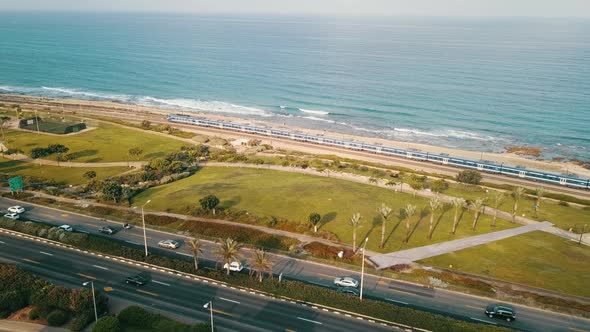 Aerial View of City Traffic on the Coast in Haifa Israel