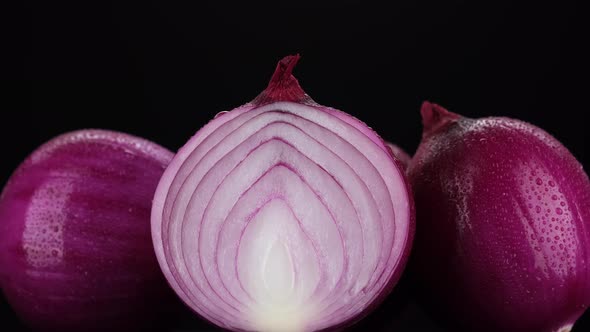 Purple Onions. Whole and slice purple onion on black background, rotate. 4K UHD video