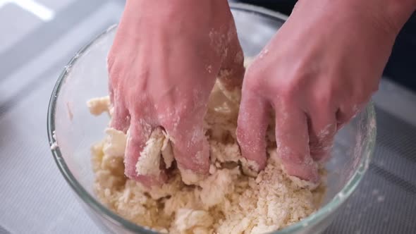 Apple Pie Preparation Series  Kneading and Mixing Flour in a Glass Bowl in Slow Motion