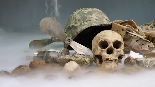 Remnants Of Soldiers' Skulls And Costume Remains In A Sea Of Fog.