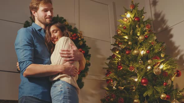 Smiling beautiful woman and her handsome boyfriend posing in New Year interior