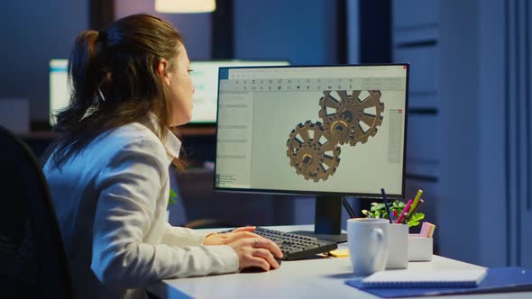 Tired Woman Architect Working on Modern Cad Program Overtime