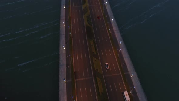 Aerial View of the Bridge in the Modern City Panoramic View of the Bridge with Illumination