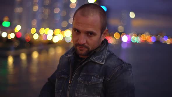 Slowmo Evening Shot Bearded Handsome Husband Standing Bridge Against River Looking From Under