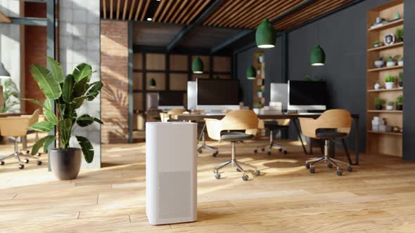 Air Purifier In Modern Open Plan Office For Fresh Air, Healthy Life, Cleaning And Removing Dust.