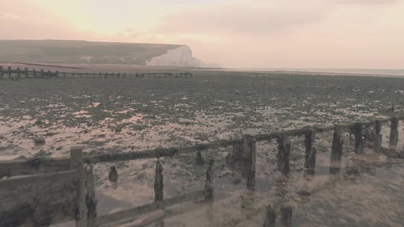 Seven Sisters cliffs at sunset, South Downs National Park, England. Aerial drone view