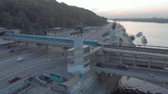 Aerial View of the Metro Bridge. Station Dnipro. Kyiv, Ukraine.