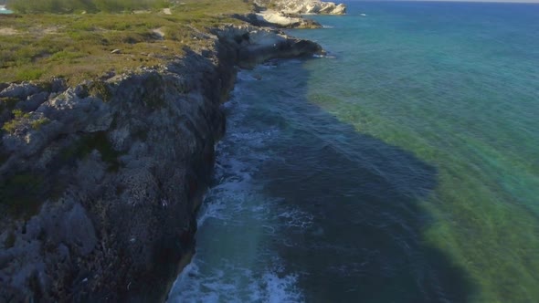 Aerial drone view rocky coastline on a tropical island beach and coast in the Bahamas, Caribbean